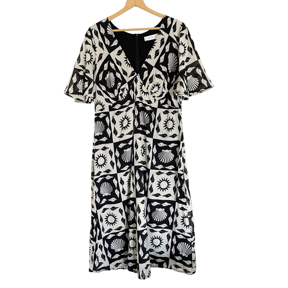 Lisa Says Gah Black and White Midi Dress with Shell and Sun Motif